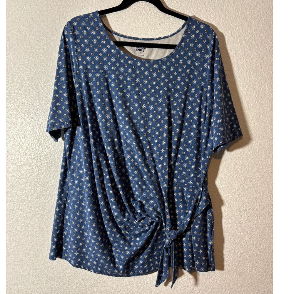 Lands' End Women's Size 1X Blue Medallion Tie-Front Short Sleeve Scoop Neck Top
